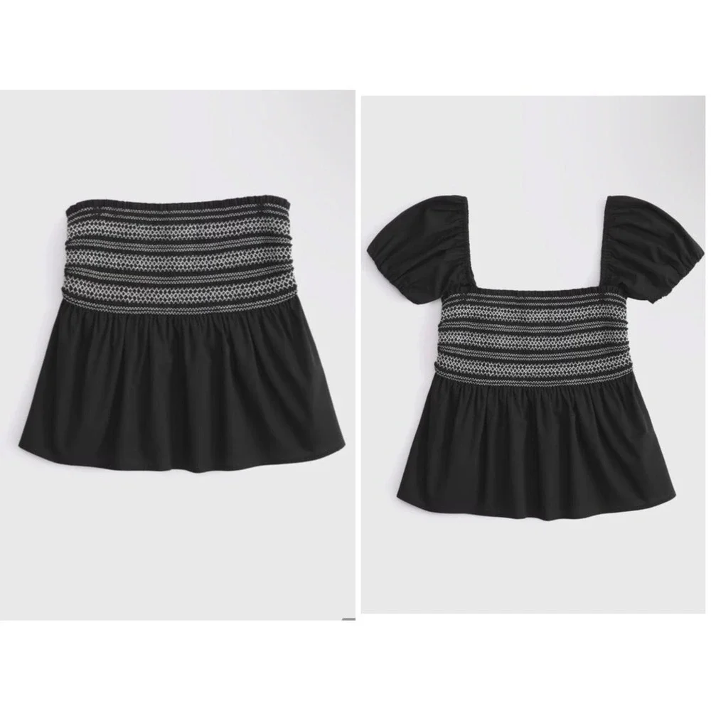 NWT Abercrombie & Fitch Convertible Sleeve Smocked Black Smocked Puff Sleeve L